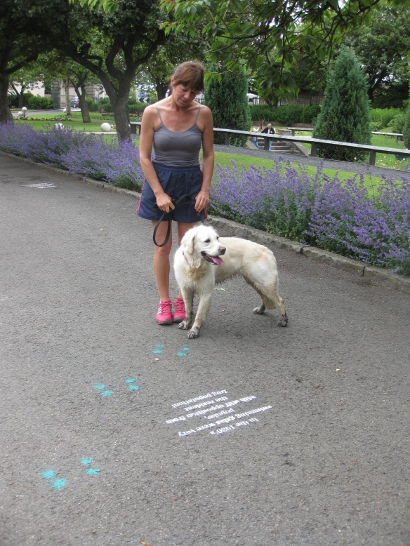 An interested visitor and her dog who had been admiring the paw prints!